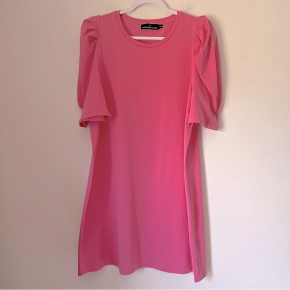 POMANDER PLACE Pink Stella Dress Mini Jersey Knit Puff Shoulders Cotton Preppy - Picture 2 of 12